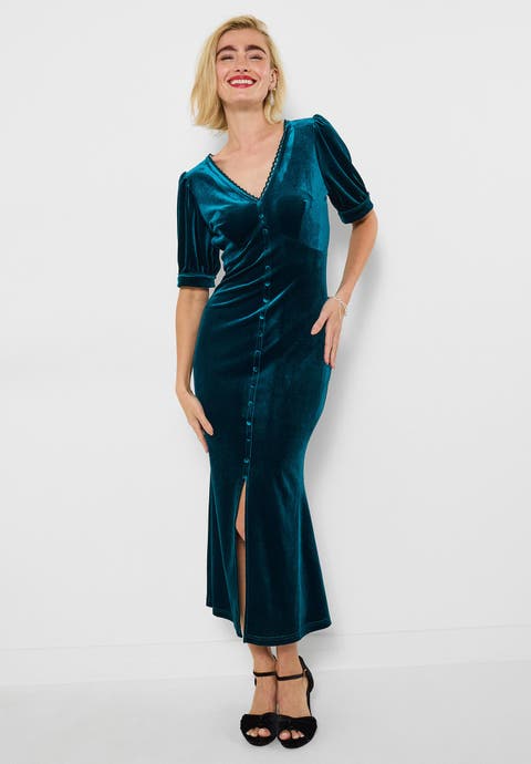 Stretch Velvet Fluted Midi Dress