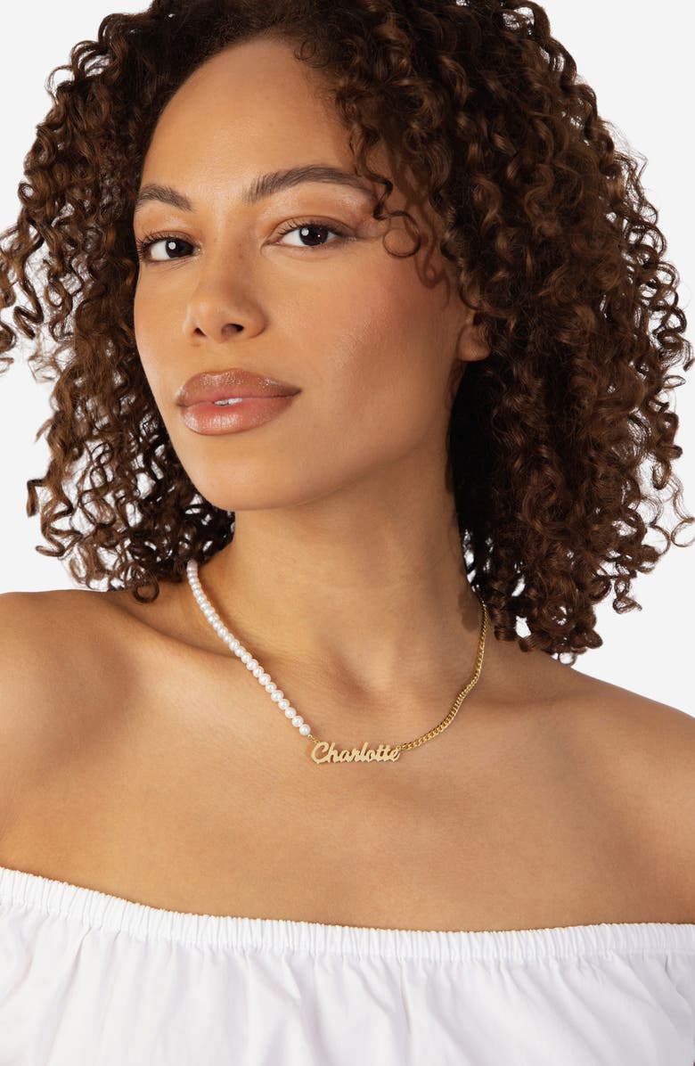 ATHRA LUXE Freshwater Pearl & Chain Link Personalized Name Necklace, Alternate, color, Gold