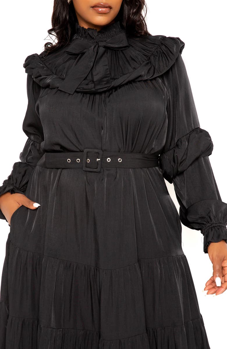 BUXOM COUTURE Belted Bubble Hem Long Sleeve Midi Dress, Alternate, color, 