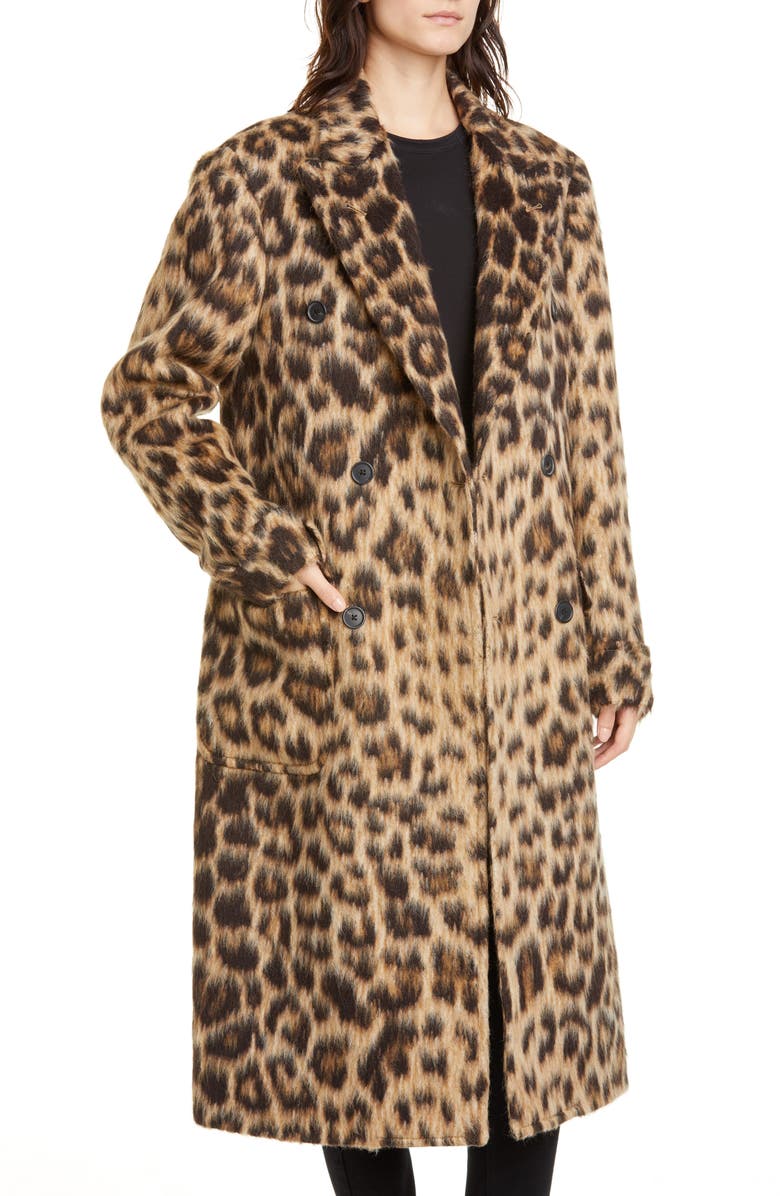 R13 Leopard Print Wool & Alpaca Double Breasted Coat, Alternate, color, 
