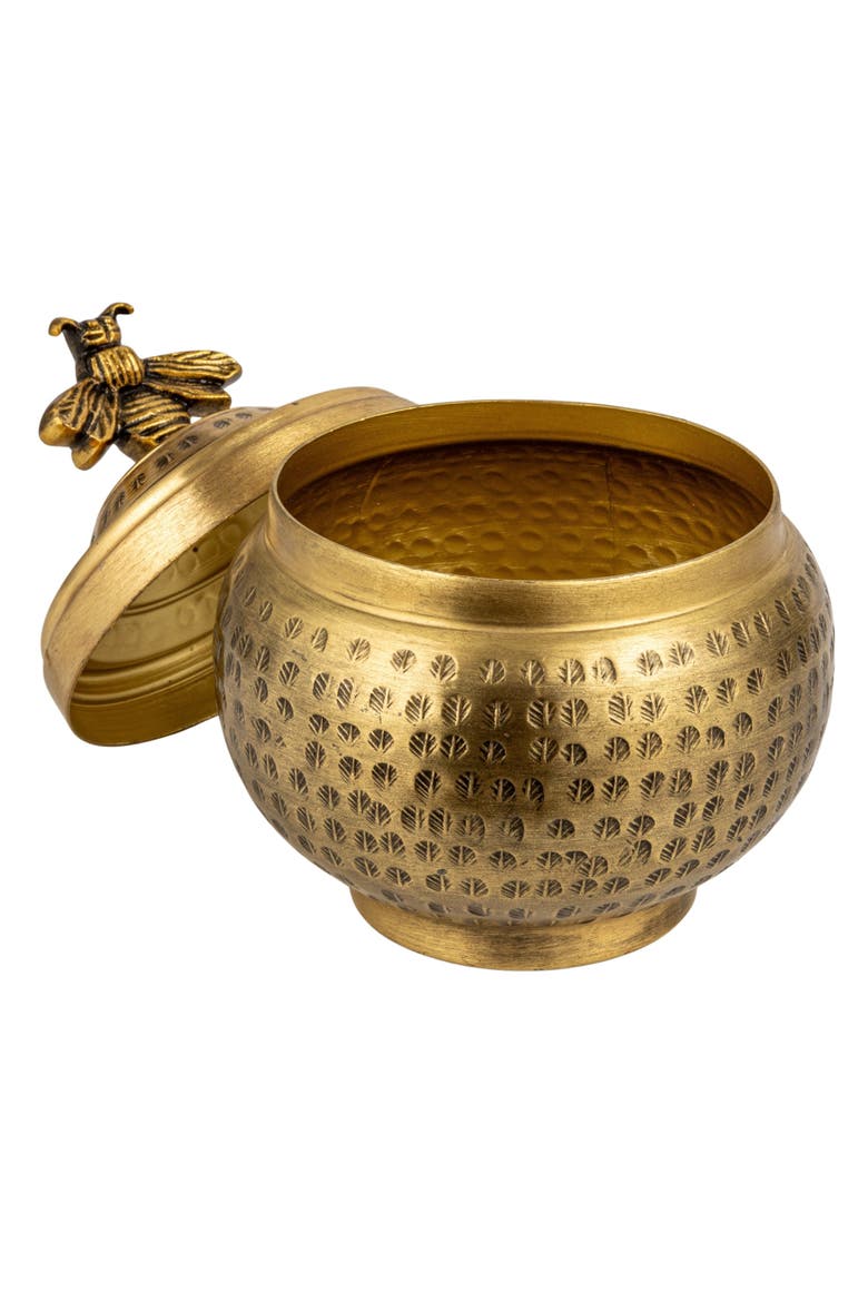 Round Hammered Metal Container with Bee Finial, Brass Finish, Alternate, color, Gold