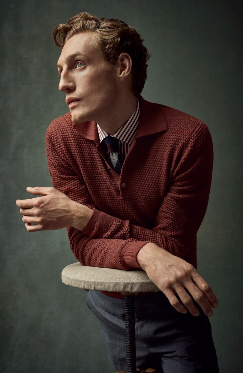 Eton Merino Wool Pop Stitch Long Sleeve Polo, Alternate, color, Red