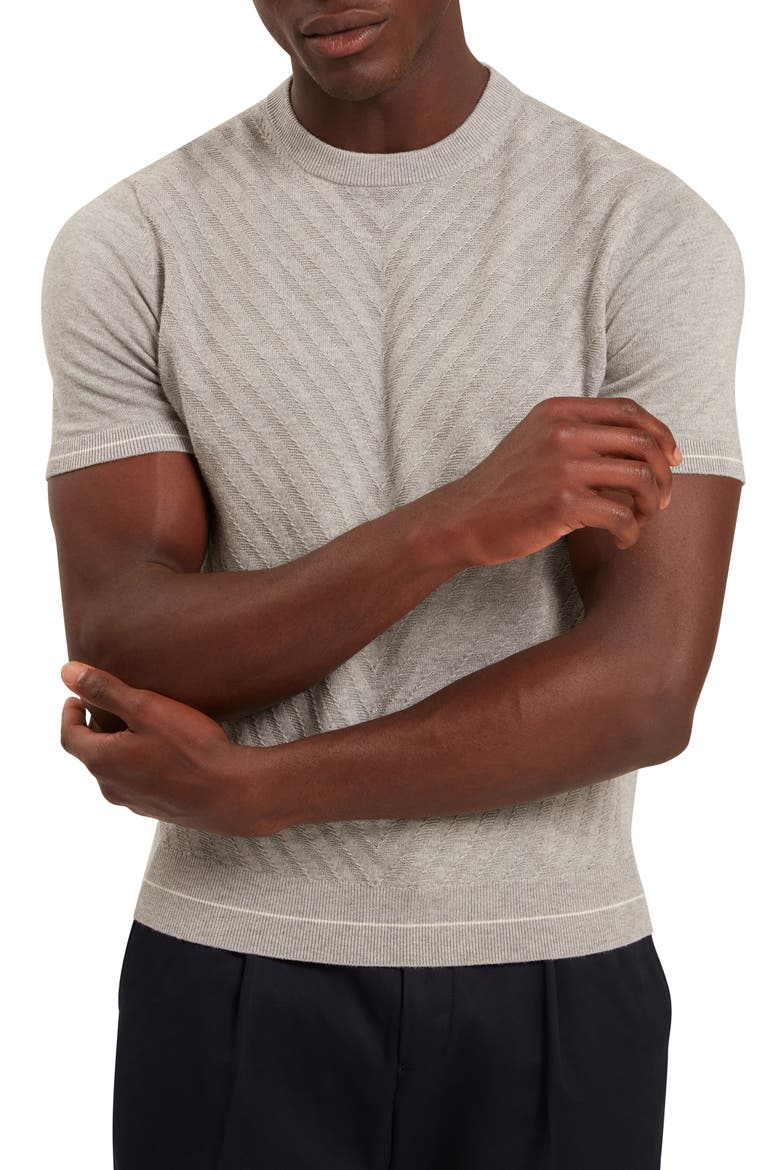 Canon Chevron Texture Short Sleeve Cotton & Wool Crewneck Sweater, Main, color, LIGHT-GREY