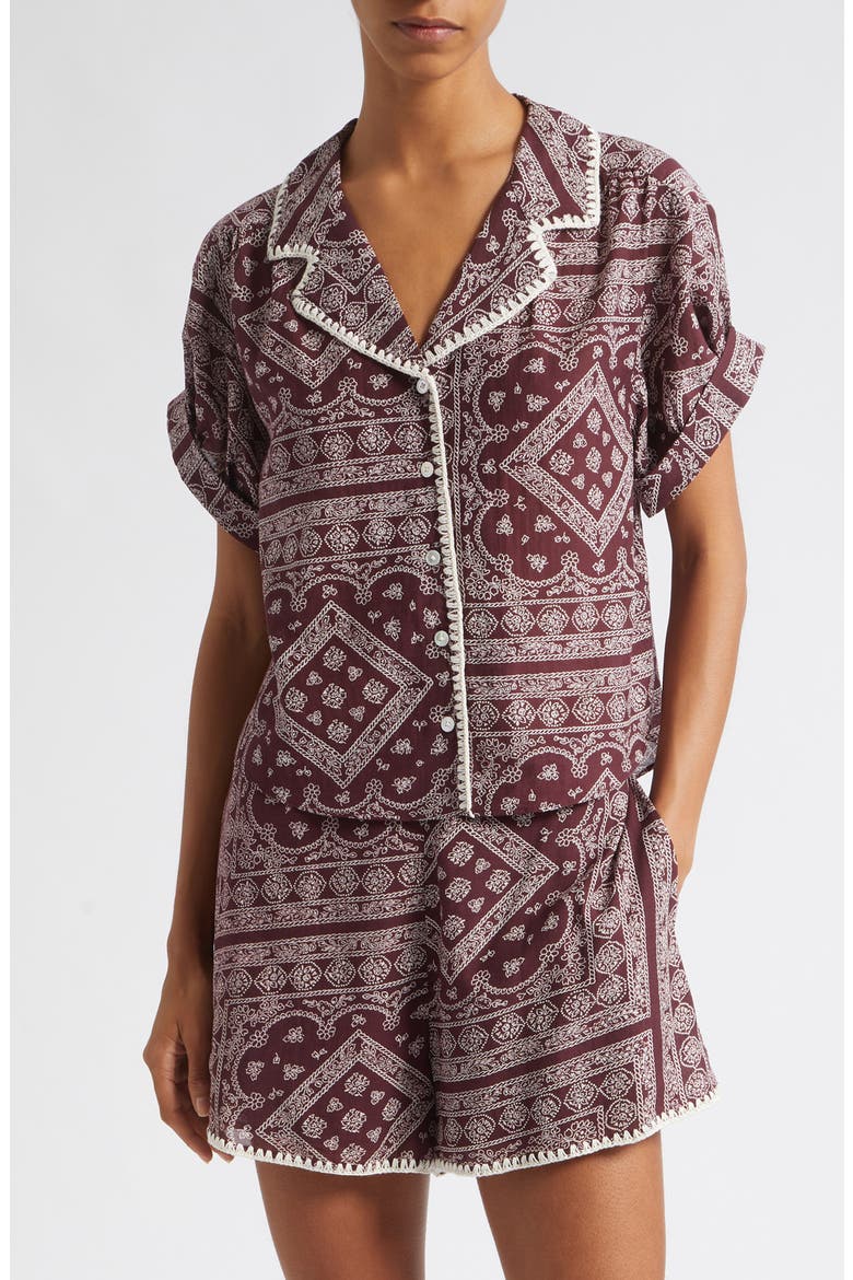 Ilene Mosaic Print Button Front Crop Top, Main, color, RAISIN DOVE