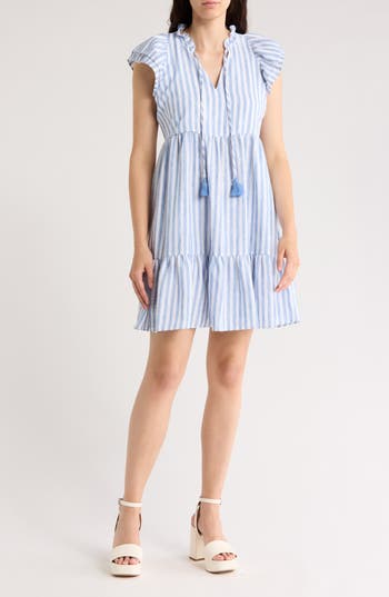 ELIZA J ELIZA J STRIPE FLUTTER CAP SLEEVE BABYDOLL DRESS 