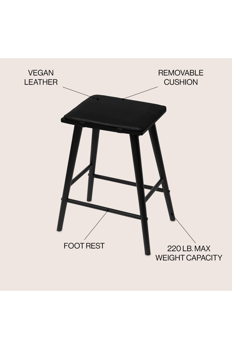 Peroni Mid-Century Backless Counter Stool, Vegan Leather Cushioned Seat Solid Wood Frame for Kitchen Island Home Bar, Alternate, color, Black (26" Counter Stool)