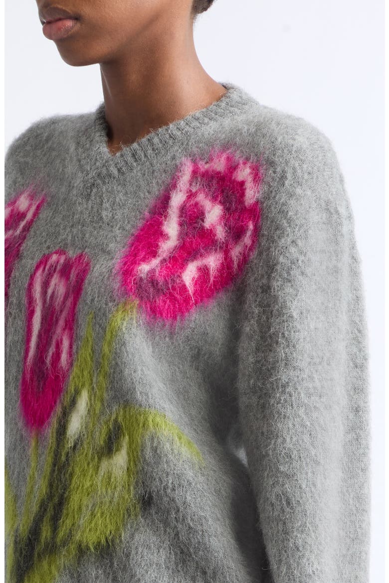 Floral Brushed Wool & Alpaca Blend Sweater, Alternate, color, GREY/ ECRU/ BURGUNDY/ GREEN