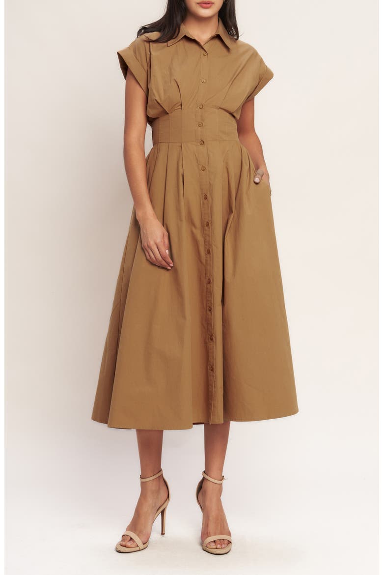 Corset Midi Fit & Flare Dress, Main, color, CARAMEL