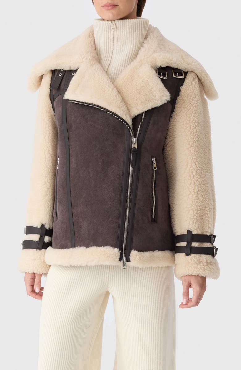 Mackage Rhoslyn Oversize Genuine Shearling Moto Jacket, Alternate, color, 