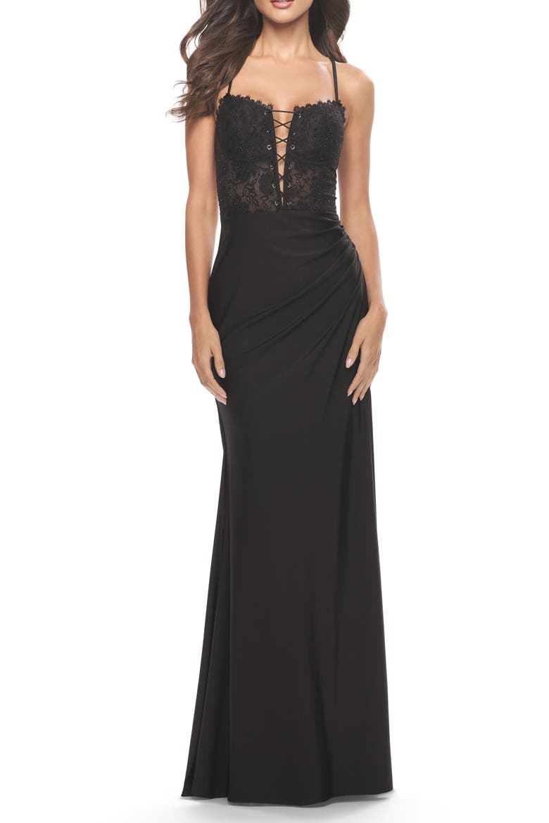 Lace Bodice with Tie Up Deep V Neckline Jersey Dress, Main, color, Black