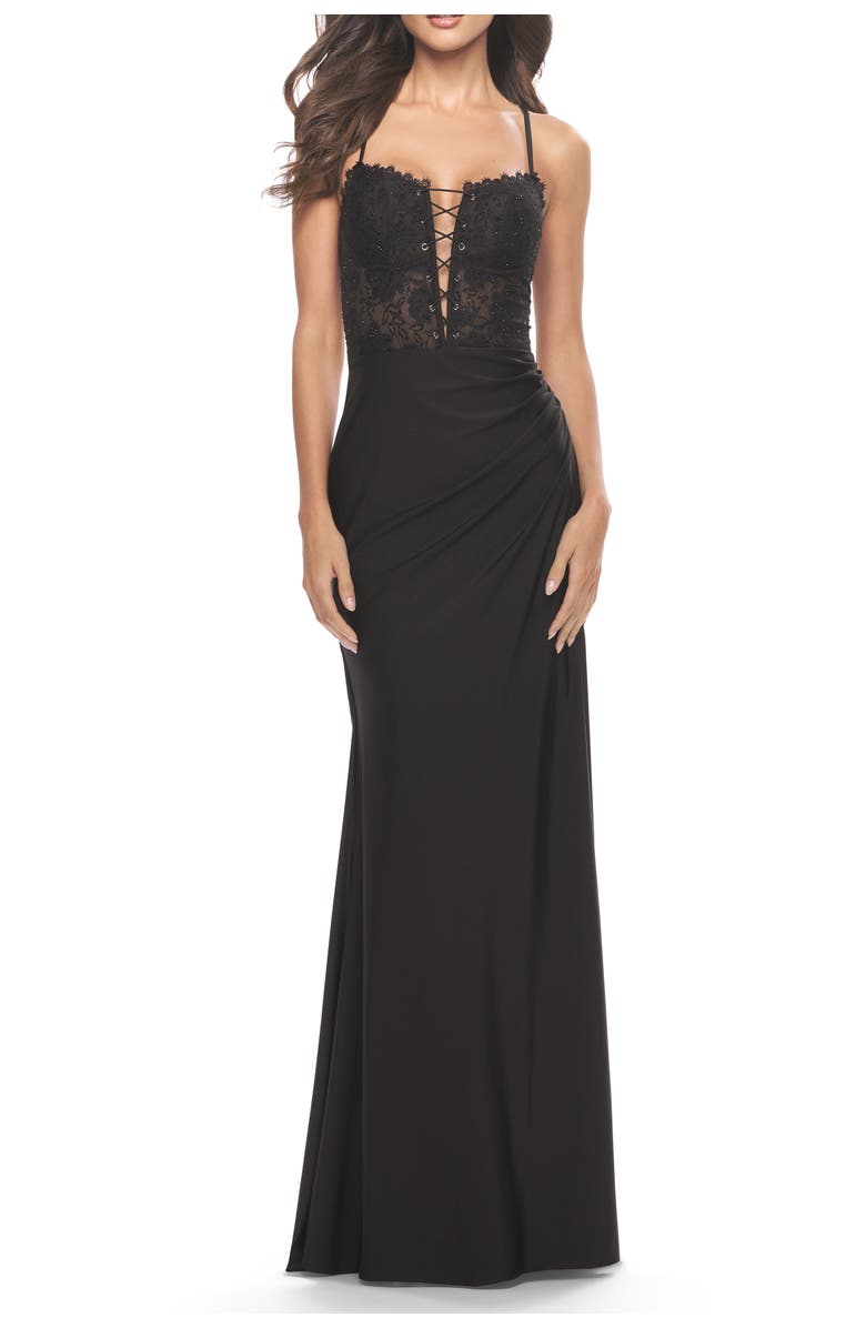 La Femme Lace Bodice with Tie Up Deep V Neckline Jersey Dress, Main, color, Black