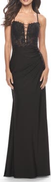 La Femme Lace Bodice with Tie Up Deep V Neckline Jersey Dress