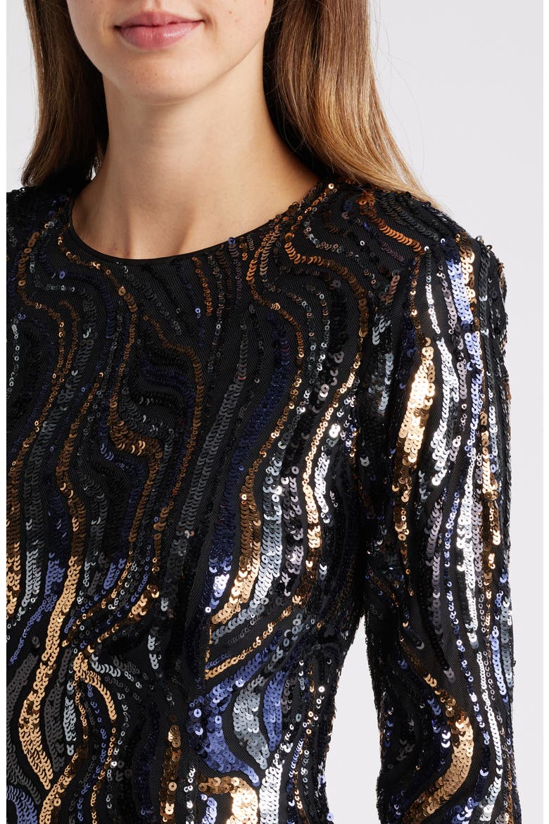 Sequin Swirl Long Sleeve Cocktail Dress, Alternate, color, NAVY GOLD