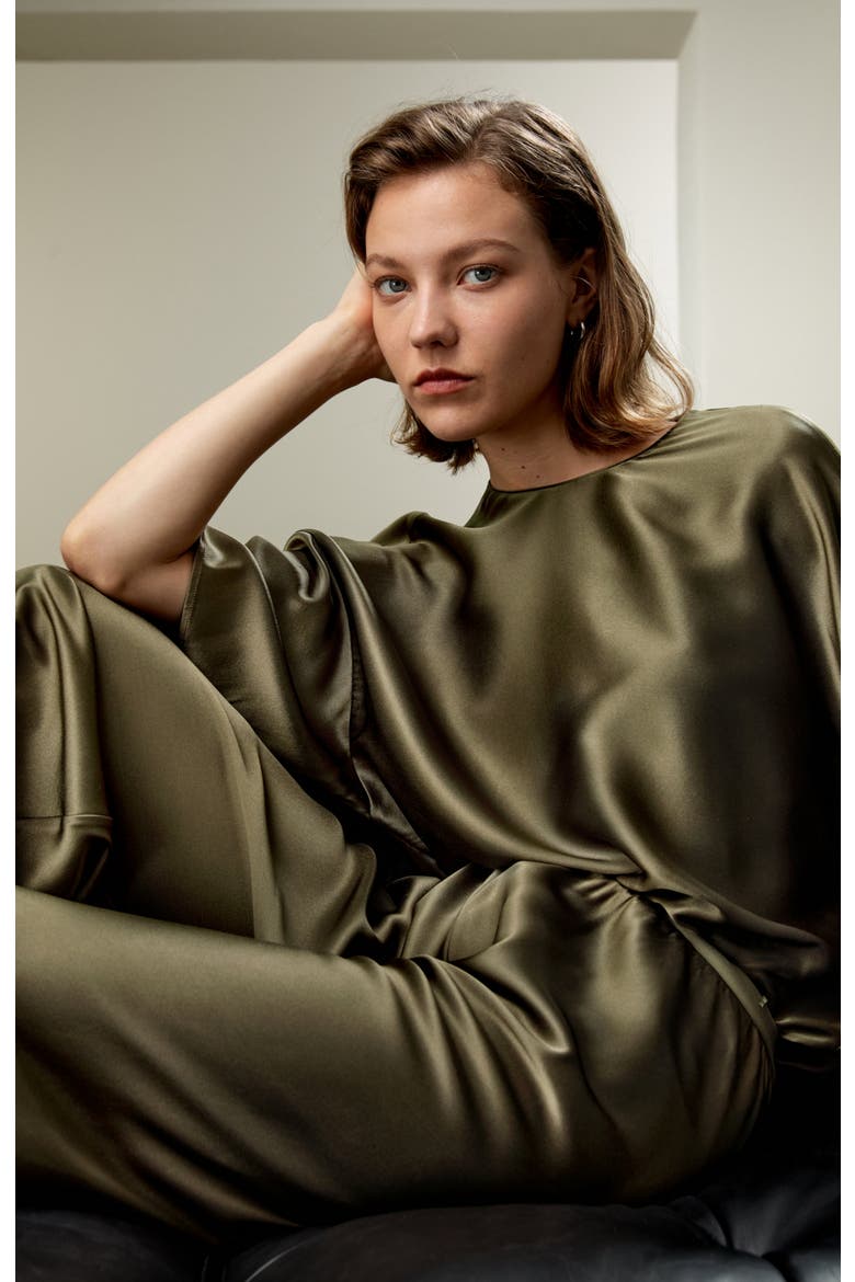 Women's Relaxed Silk Crewneck Blouse, Alternate, color, Pine
