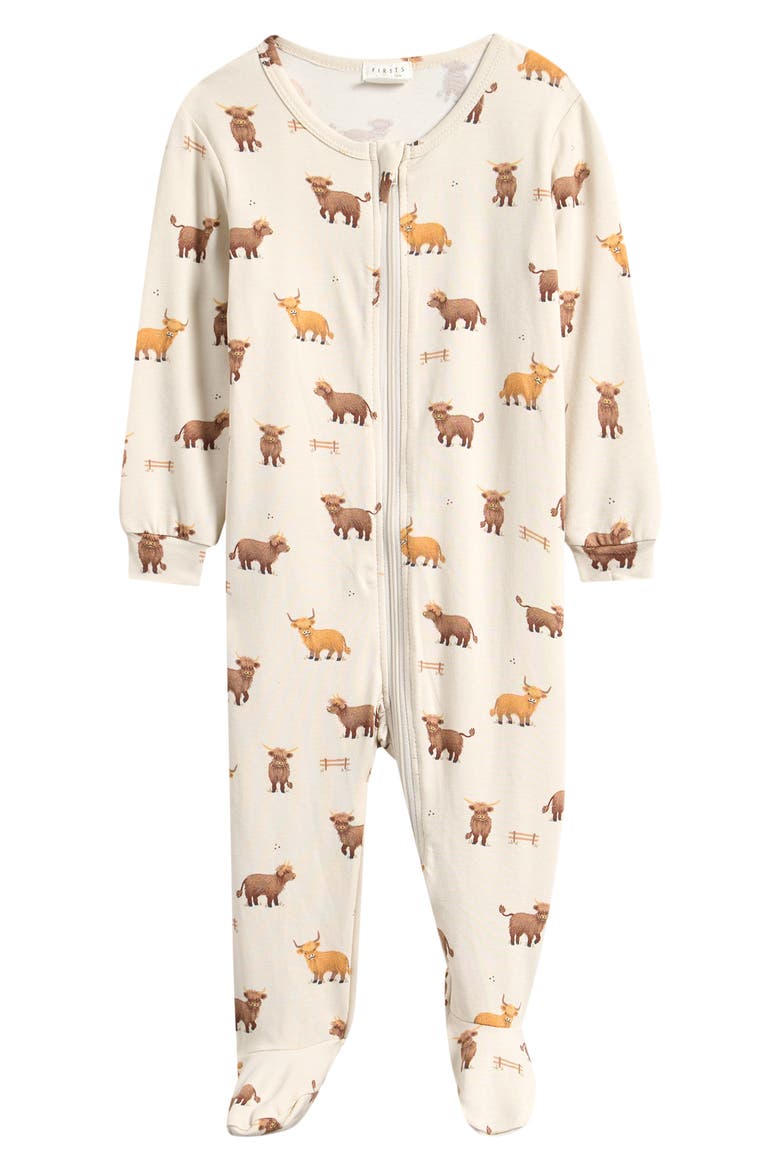 Print Zip Footie, Main, color, BEIGE