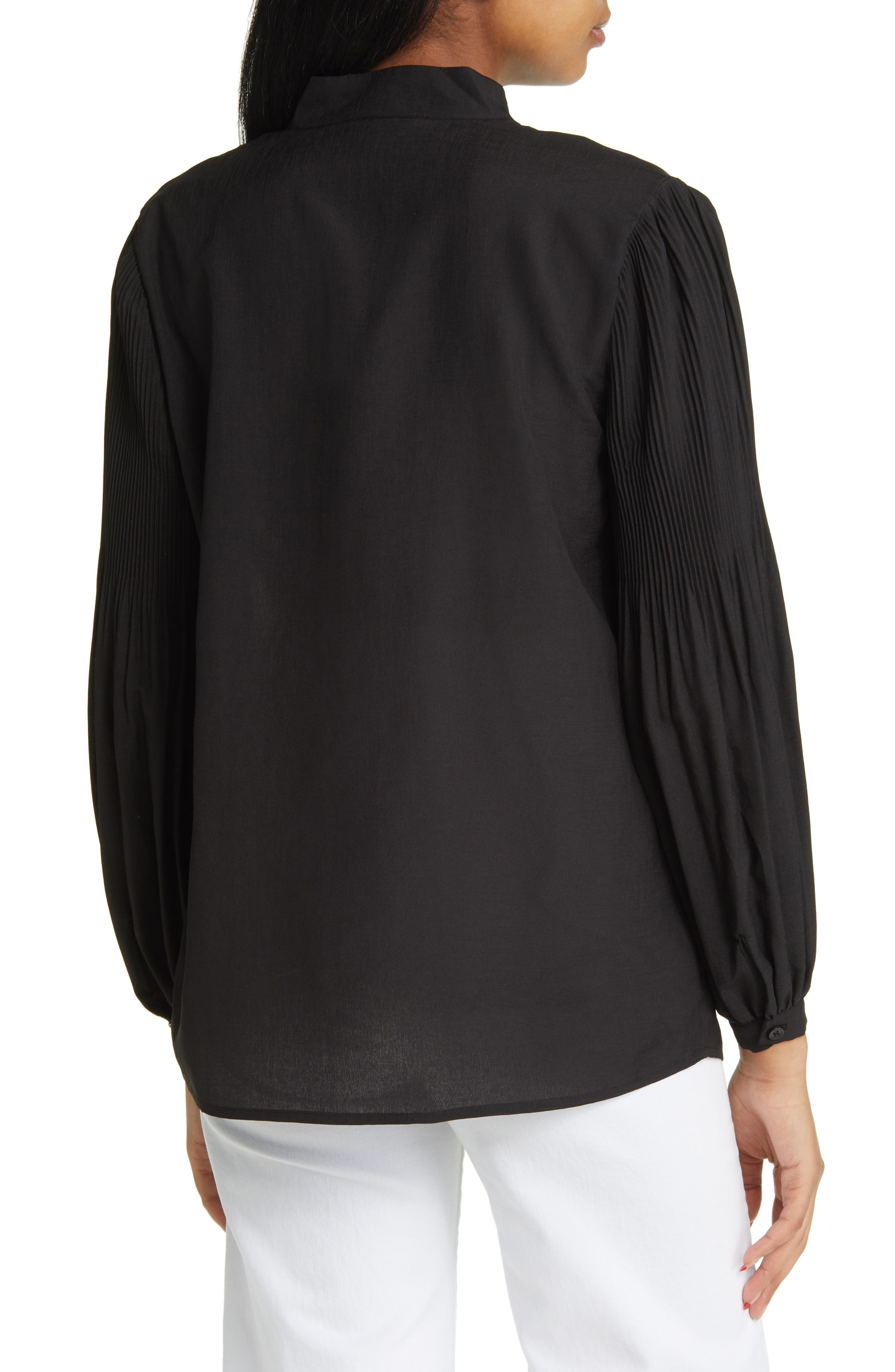 Pleated Balloon Sleeve Crepe Button-Up Blouse - image 2