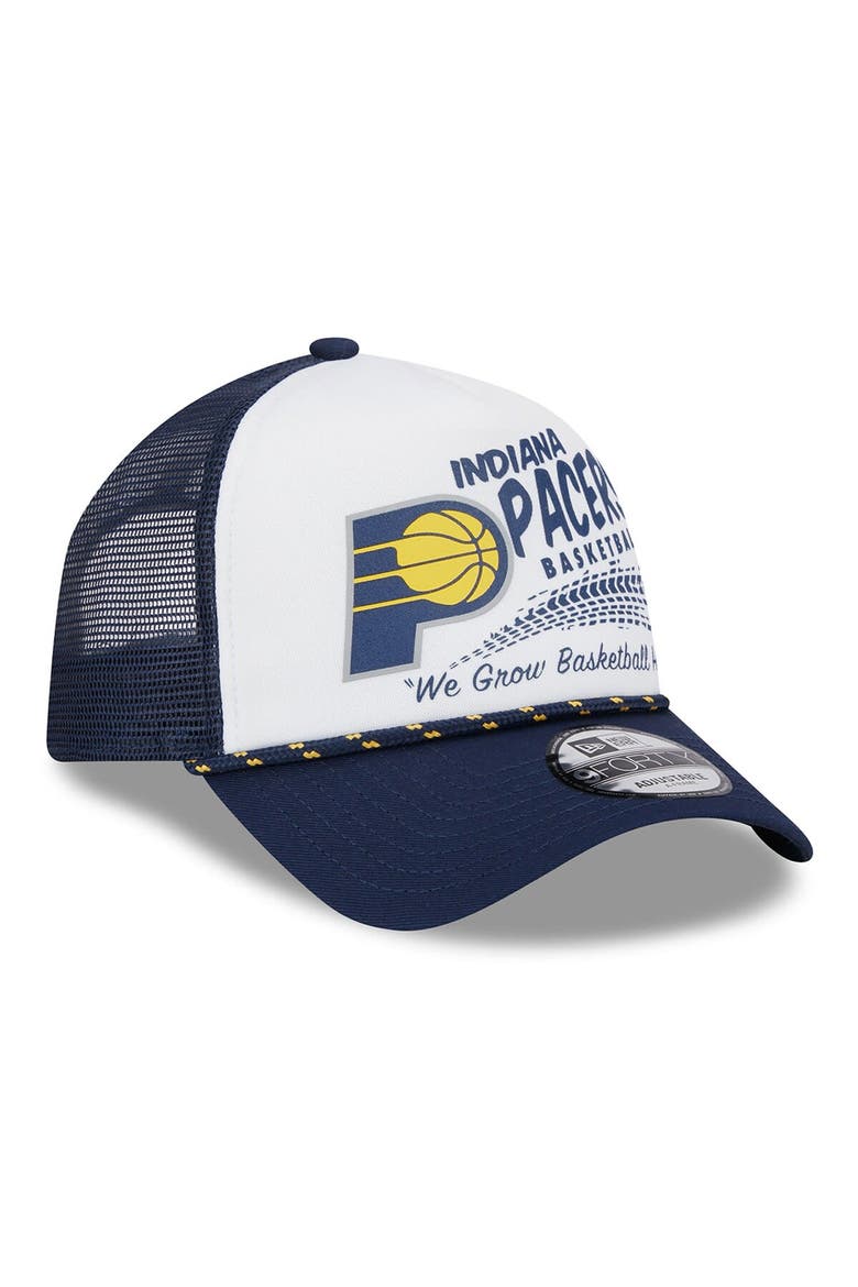 Men's New Era White/Navy Indiana Pacers  Burnout Print A-Frame 9FORTY Trucker Hat, Alternate, color, White