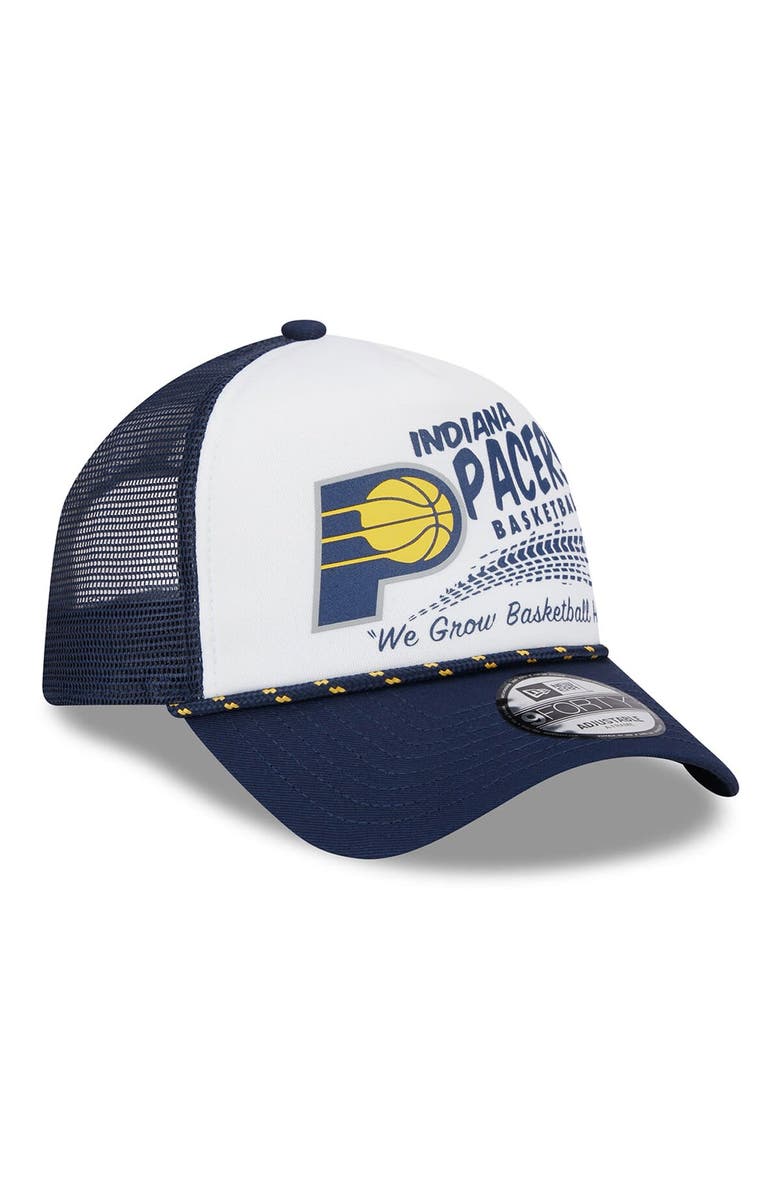 New Era Men's New Era White/Navy Indiana Pacers Burnout Print A-Frame 9FORTY Trucker Hat, Alternate, color,