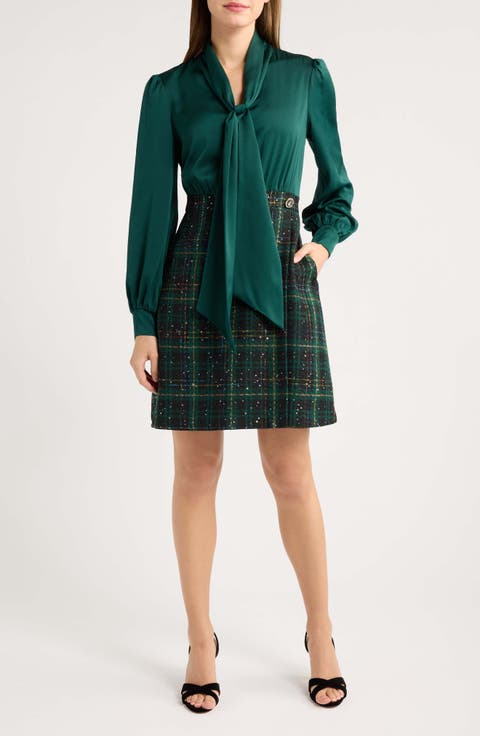 Balloon Long Sleeve Tie Neck Dress