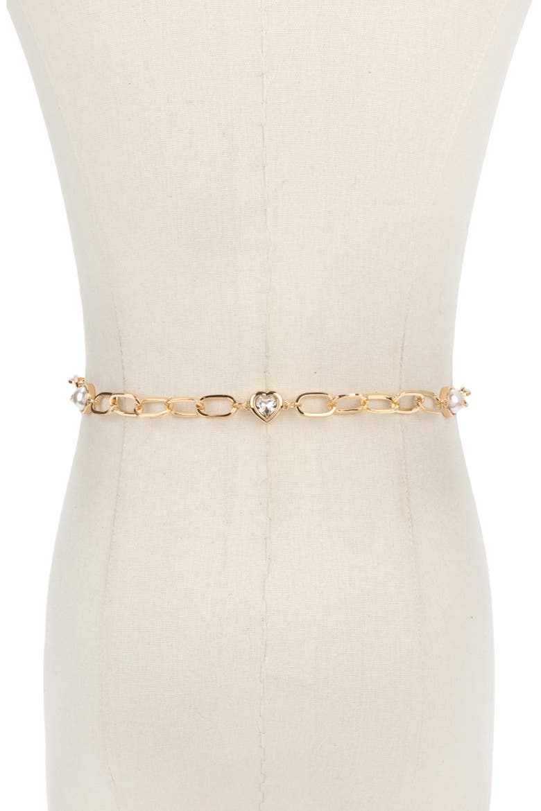 Faux Pearl & Heart Chain Belt, Alternate, color, POLISHED GOLD