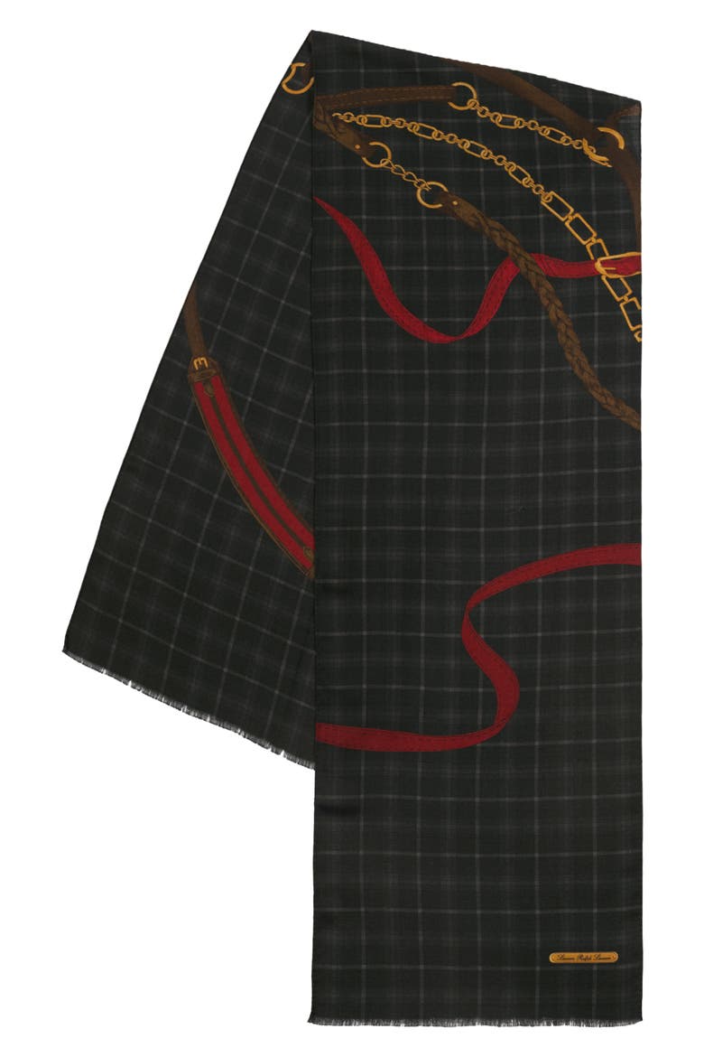 Equestrian Tattersall Wool Scarf, Alternate, color, BLACK