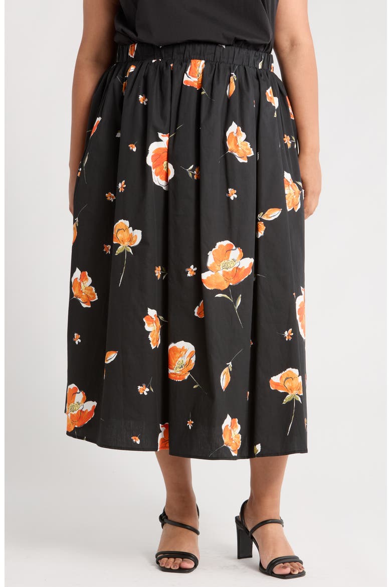 Floral Stretch Cotton Midi Skirt, Main, color, BLACK