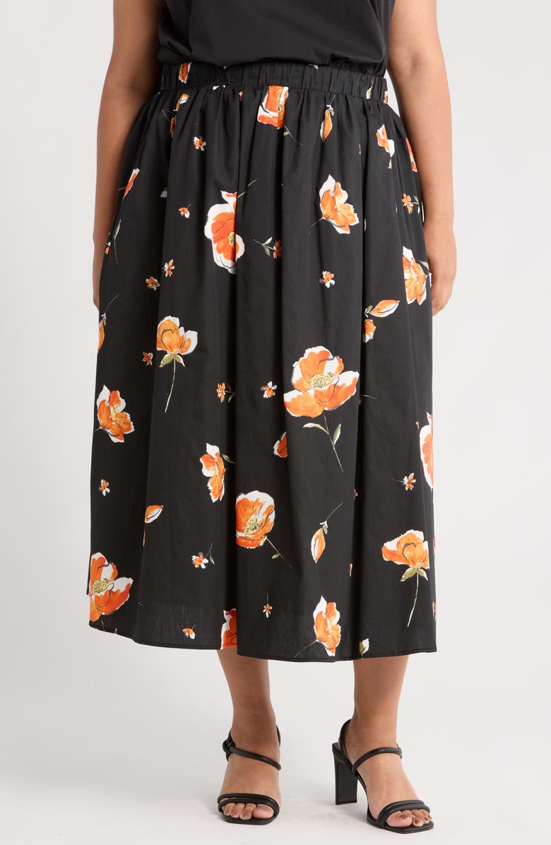 Renee C Floral Stretch Cotton Midi Skirt, Main, color, Black