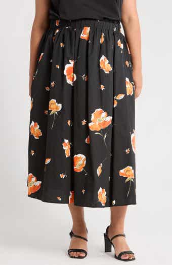 Floral Stretch Cotton Midi Skirt