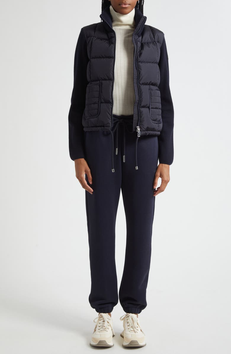 Moncler Virgin Wool Knit & Down Cardigan, Alternate, color, Navy