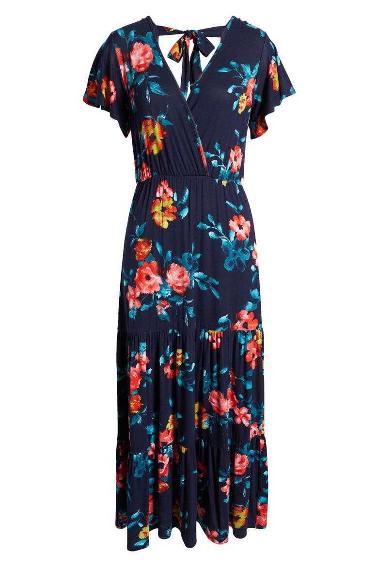 Floral Tiered Faux Wrap Knit Maxi Dress, Alternate, color, NAVY/ CORAL
