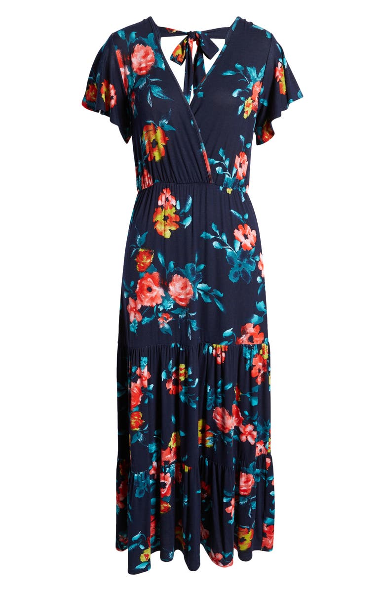 Loveappella Floral Tiered Faux Wrap Knit Maxi Dress, Alternate, color, Navy/ Coral
