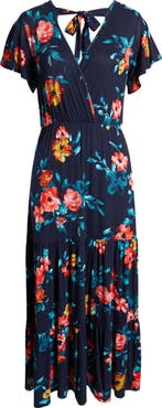 Loveappella Floral Tiered Faux Wrap Knit Maxi Dress