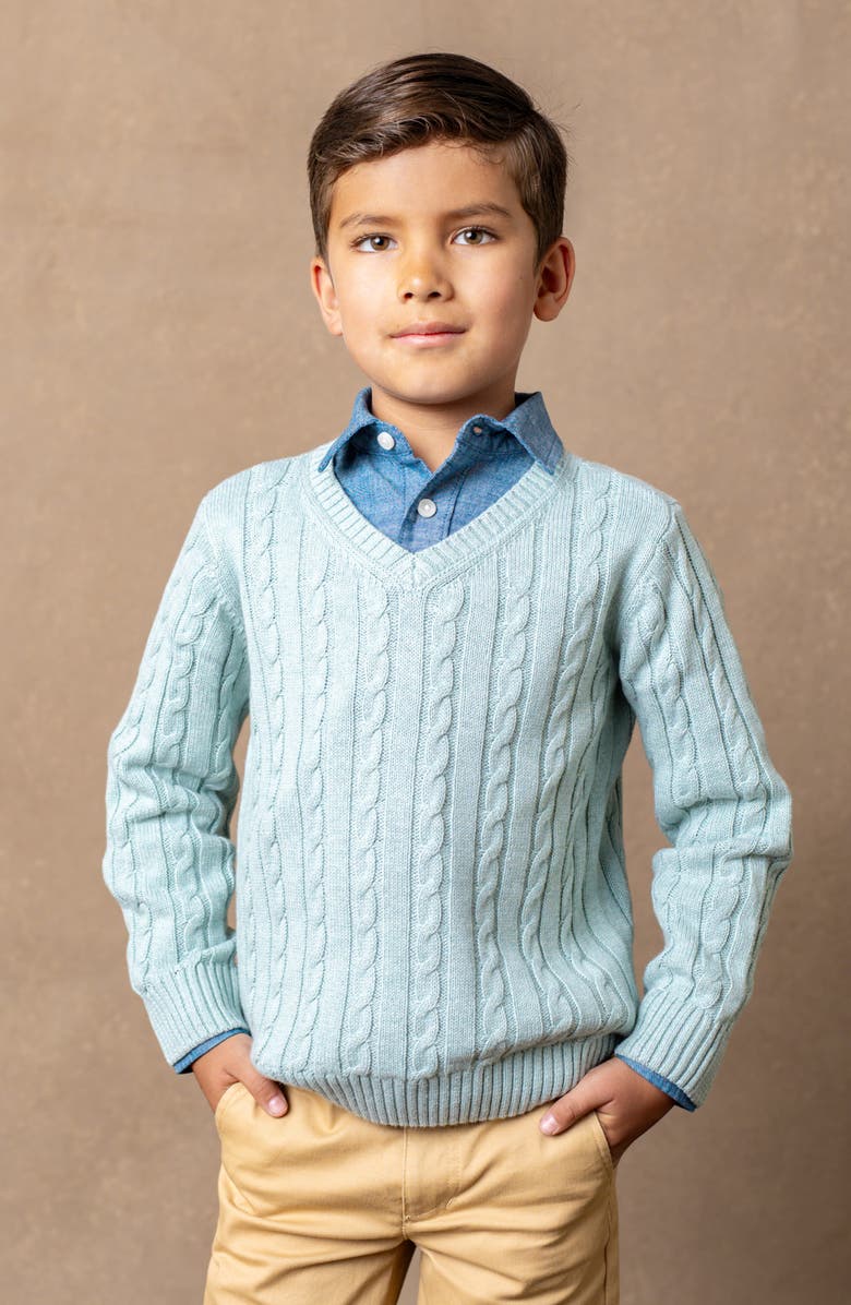 Hope & Henry Organic Long Sleeve Fine Gauge Cable V-Neck Sweater, Alternate, color, Dusty Blue Heather Cable