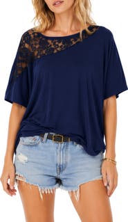BLUEGREY Asymmetrical Lace Drop Shoulder T-Shirt