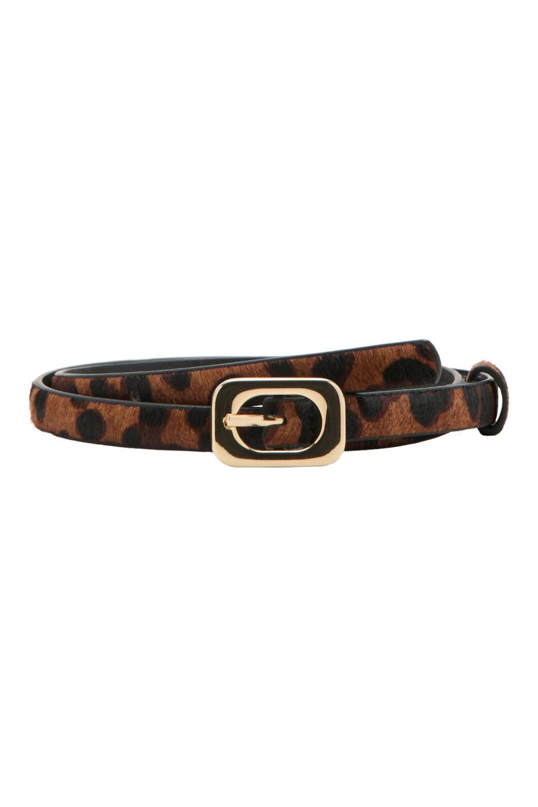 Skinny Leopard Print Genuine Calf Hair Belt, Main, color, DARK BROWN