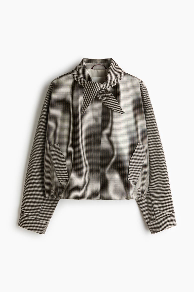 Scarf-collar Bubble-hem Jacket, Alternate, color, Taupe/checked