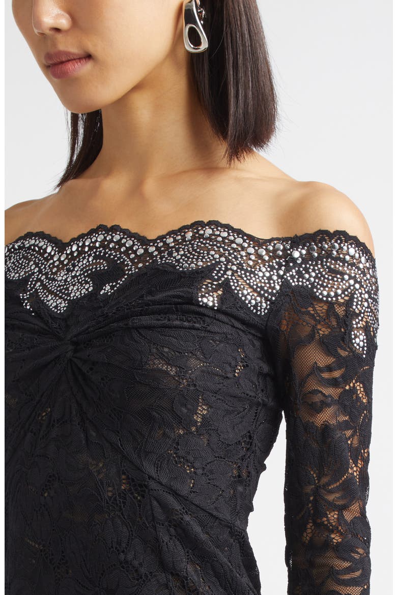 rabanne off the shoulder twist front guipure lace midi dress Rabanne Dress Black