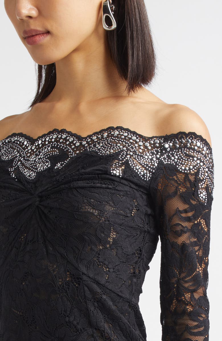 Rabanne Twist Front Off the Shoulder Long Sleeve Lace Midi Dress, Alternate, color, Black