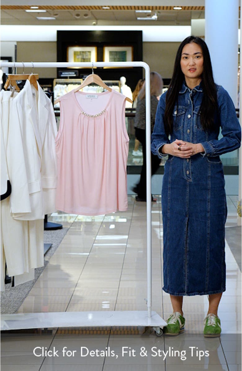 Faux Pearl Embellished Sleeveless Pleat Neck Top, sales video thumbnail