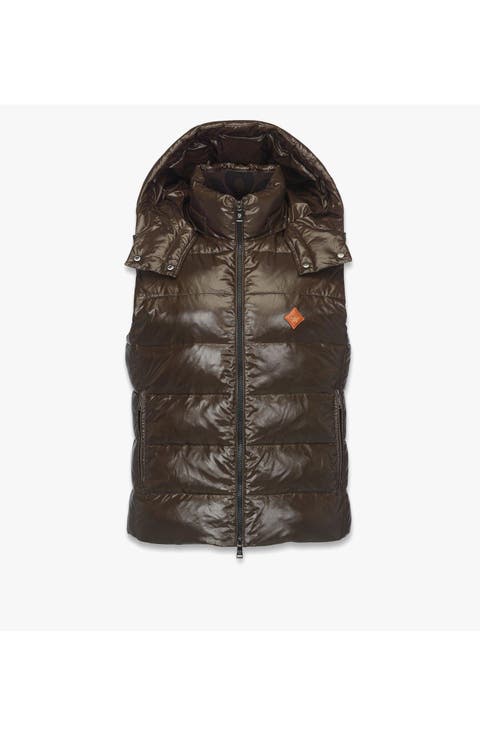Puffer Down Vest w/ Detachable Hood in Recycled Nylon