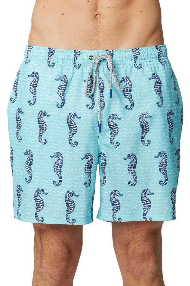 Curled Tails Seahorse Stretch Swim Trunks, Main, color, ARUBA BLUE