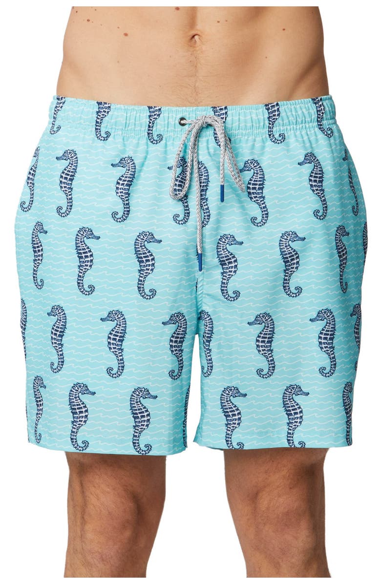 Rainforest Curled Tails Seahorse Stretch Swim Trunks, Main, color, Aruba Blue
