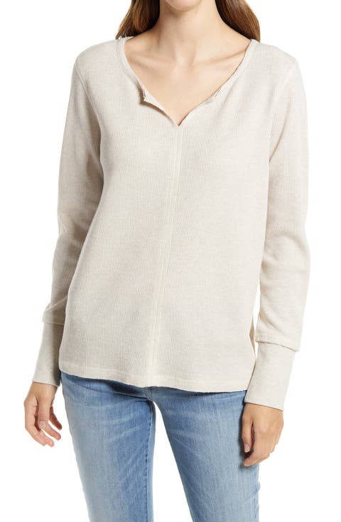 Split Neck Organic Cotton Blend Thermal Knit Top