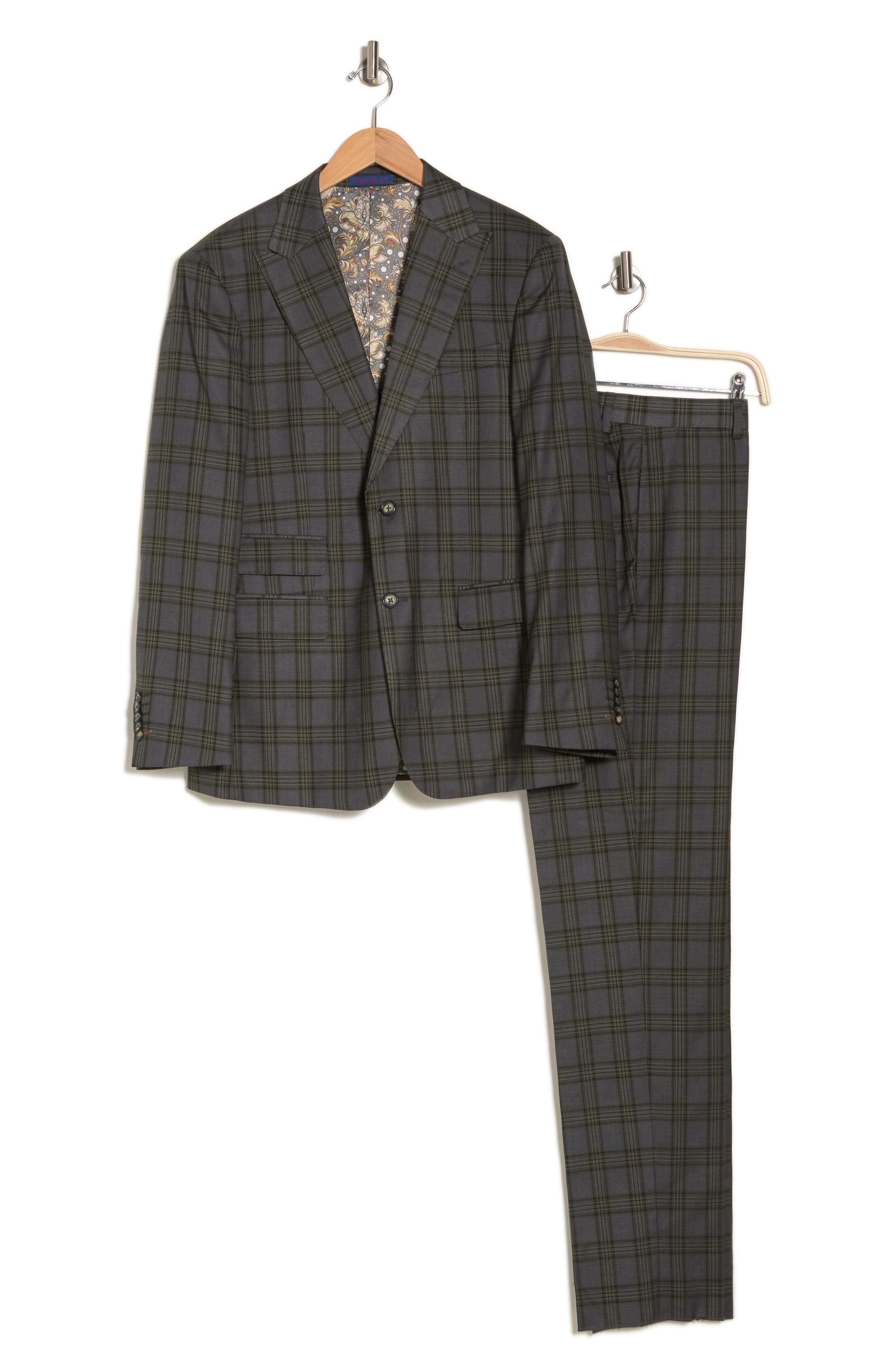 Trim Fit Green Plaid Two Button Peak Lapel Suit