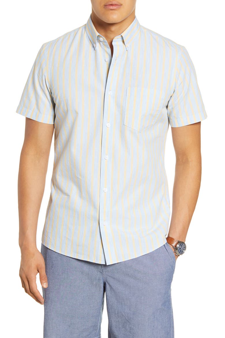 Slim Fit Stripe Short Sleeve Button-Down Shirt, Main, color, BLUE YELLOW HEATHER STRIPE
