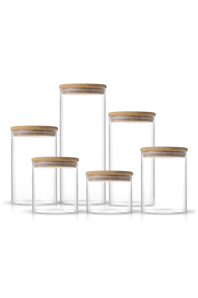 Set of 6 Multisize Glass Jars with Airtight Bamboo Lids, Main, color, CLEAR