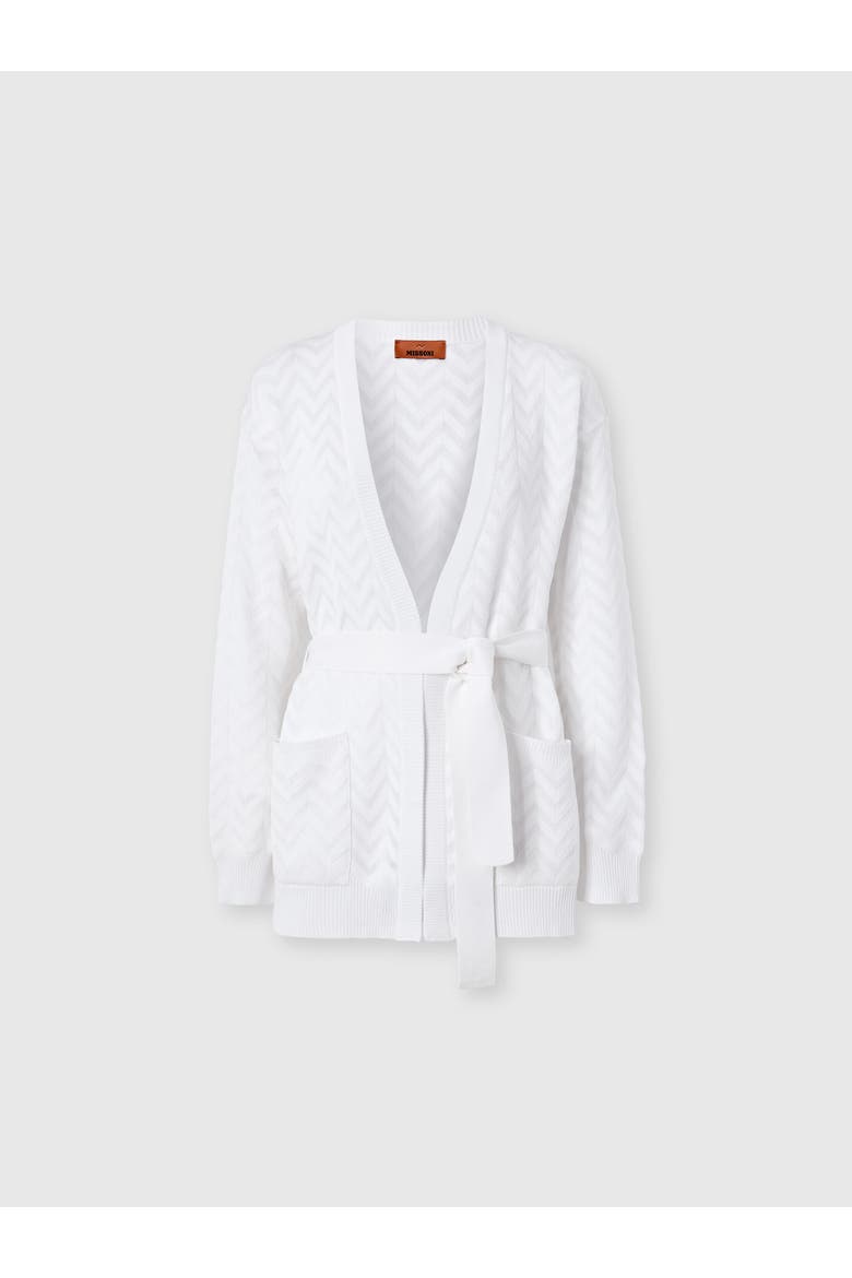 Cardigan In Cotton And Viscose Chevron With Belt, Main, color, White