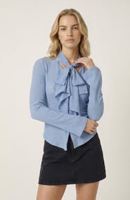 Modenaire Long Sleeve Tie Front Ruffle Top