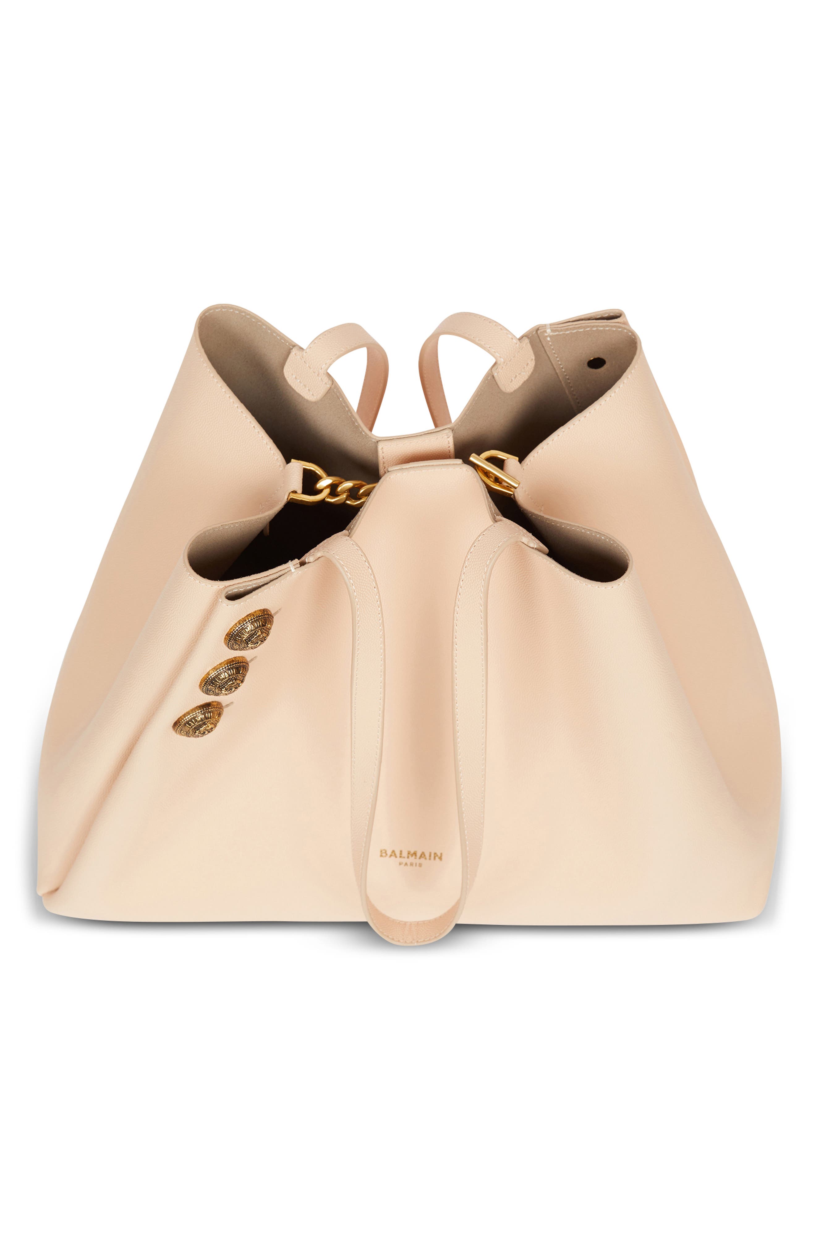 Balmain Emblem Crest Button Calfskin Shopper, Alternate, color, 