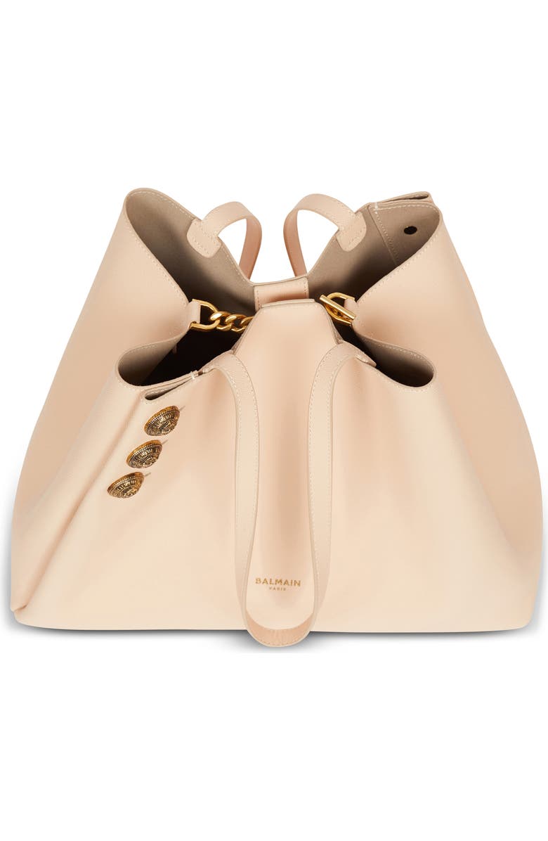 Balmain Emblem Crest Button Calfskin Shopper, Alternate, color,
